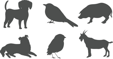 Animal Silhouettes Set – Dog, Bird, Goat & Farm Animal Vector Collection