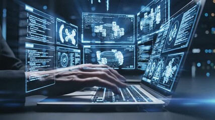 Close up of hands typing on laptop with glowing blue holographic data interface and digital screen projection 4k video - Powered by Adobe