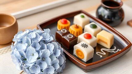 obon. Traditional Japanese sweets on a lacquered tray, paired with summer hydrangeas for a tranquil setting. menu design.