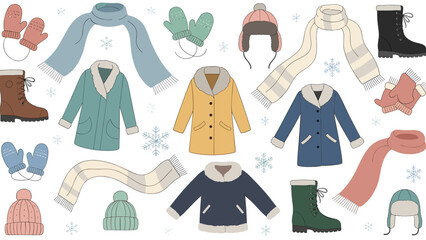 Collection of warm winter clothing items for cold weather, including coats, scarves, hats, and boots
