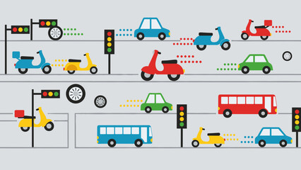 Naklejka premium Vector illustration of busy city traffic jam with cars, bus, scooter, and traffic light signal