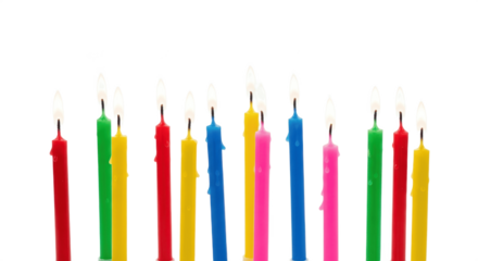 Realistic Colorful Birthday Candles with Flame, Isolated PNG on Transparent Background