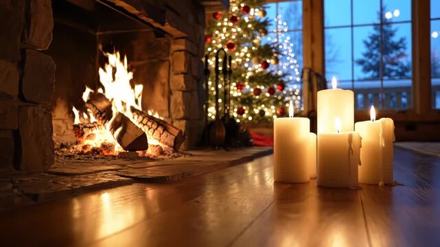 Burning white candle group on wooden floor near stone fireplace with glowing christmas tree in background 4k video