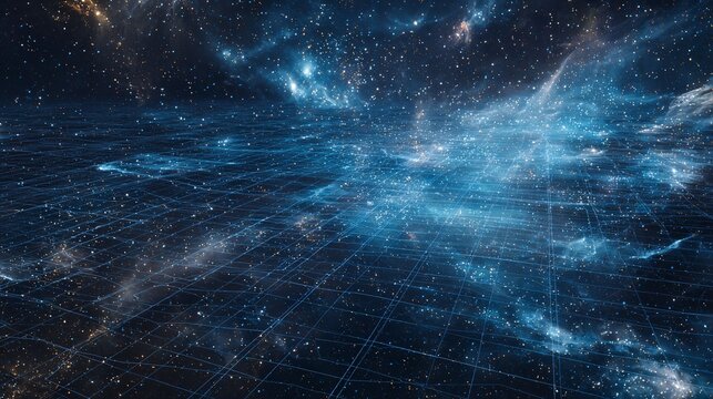 Abstract cosmic background with blue nebula and grid lines suggesting space or technology.