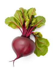 Ultra realistic, high resolution, ultra HD photograph of a fresh whole beetroot with green leaves, isolated on pure white background, sharp details, vibrant natural red-purple color,.