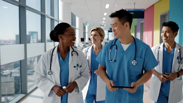 Diverse group of four medical professional doctor and nurse walking down a bright modern hospital hallway discussing work 4k video