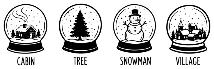 Christmas snow globe vector set with hand drawn scenes including winter cabin pine tree snowman and village