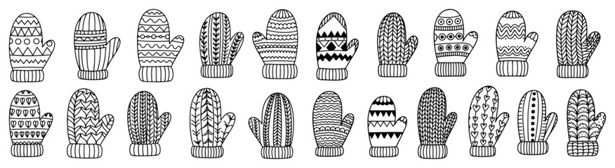 Large Collection of Patterned Winter Mittens and Knitted Gloves Black and White Vector Illustration
