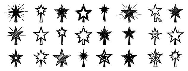 Christmas star tree topper vector set featuring hand drawn Bethlehem stars and holiday ornaments in black outline style