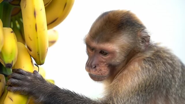 A monkey reaches for a bunch of yellow bananas, set against a bright, white background