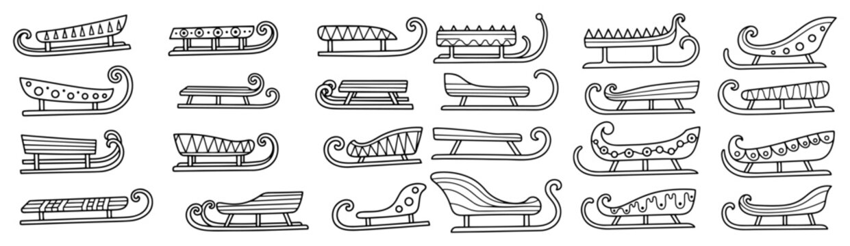 Christmas sleigh and sled vector set featuring hand drawn wooden toboggans and santa carriages for winter snow transportation