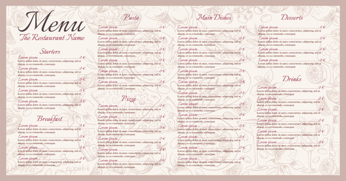 Mediterranean menu design, restaurant branding template with hand-drawn cuisine icons: pizza, spaghetti, seafood, olives, lemons. Vector modern layout for dining card or brochure