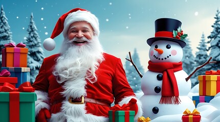 Santa claus and a snowman in a snowy forest with christmas presents