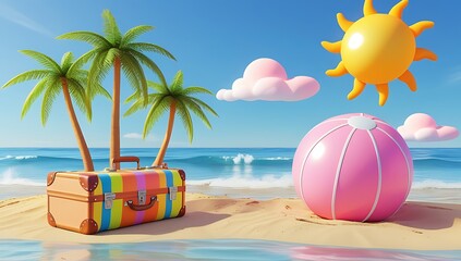 Tropical beach vacation with suitcase inflatable ball and sun