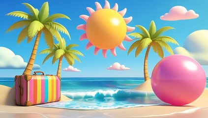Colorful striped suitcase and pink egg on tropical beach with palm trees and sun