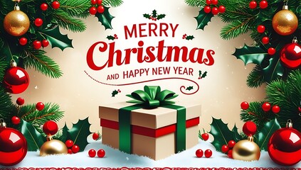 Festive merry christmas and happy new year greeting with gift and ornaments
