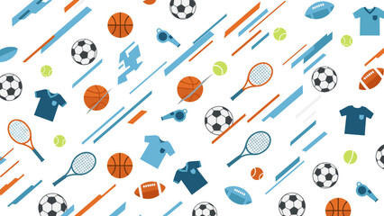 Seamless pattern of various sport equipment and abstract lines on