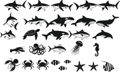 Large Collection of Sea Life Vector Silhouettes Including Sharks, Whales, Crabs, and Various Marine Ocean Animals
