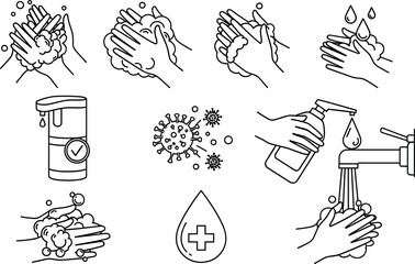 lack and White Hand Washing Steps Line Icon Set with Soap Dispenser, Running Water, Coronavirus Virus, and Hygiene Symbols Vector Illustration
