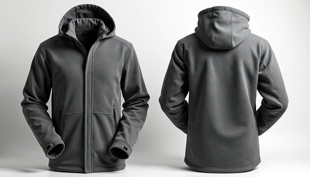Gray fleece jacket with hood shows front and back. This unisex outerwear is perfect for cold weather and outdoor adventures. Warm comfortable clothing for travel and casual wear.