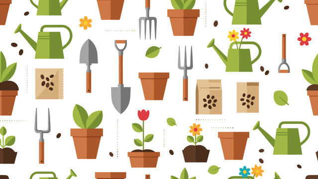 Seamless pattern of gardening tools, potted plant, flower, seed packet, and sprout on