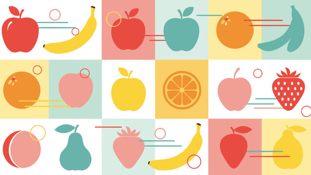 Colorful flat design pattern of various fruit icons in a grid layout for healthy eating