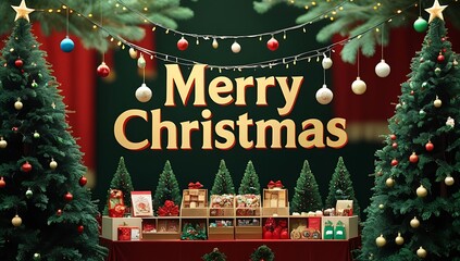 Festive merry christmas display with decorated trees and gifts