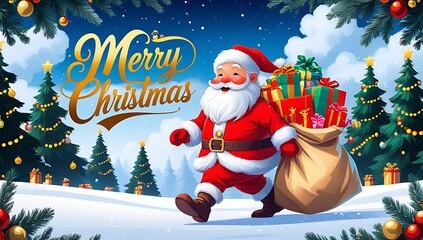 Joyful santa claus with gifts in snowy forest merry christmas scene