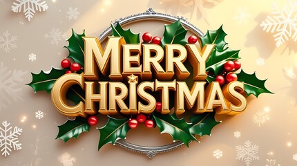 Golden merry christmas text surrounded by holly and berries on a festive background