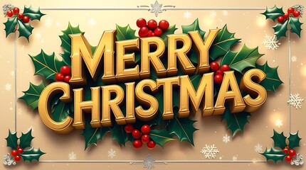 Golden merry christmas text surrounded by holly and berries