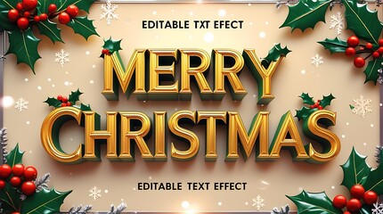 Golden merry christmas text effect with festive holiday decorations