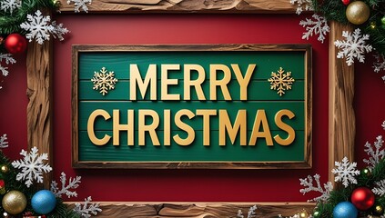 Rustic merry christmas sign surrounded by festive decorations and snowflakes