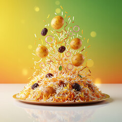 Vibrant Biryani Explosion Concept with Floating Ingredients – Creative Food Art