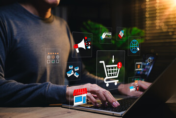 E-commerce and online shopping concept. Person using laptop with digital icons of cart, payment, review, delivery, and marketing, representing digital retail, consumer behavior and sales strategy.
