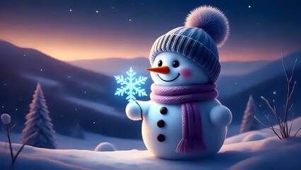 Obraz premium Cute Cartoon Snowman Holding a Glowing Snowflake on a Snowy Night