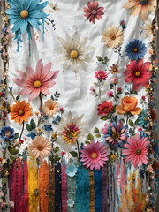 A colorful blanket with flowers and stripes on it. The blanket is white and has a lot of colors