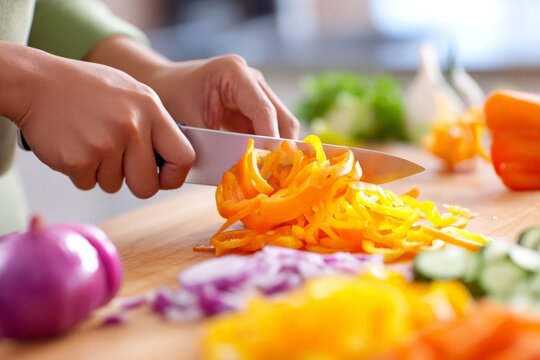 Hands slice fresh yellow bell pepper with knife on cutting board, colorful vegetables prepared.