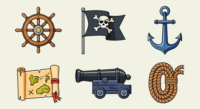 Collection of cartoon pirate icons including ship wheel, jolly roger flag, anchor, map, cannon, and rope