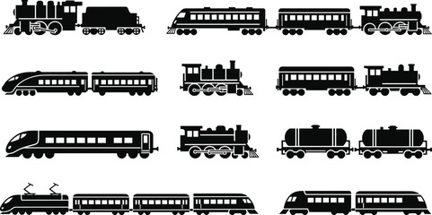 Train Silhouettes Vector Collection Featuring Steam, Diesel, and High-Speed Locomotives with Passenger and Cargo Wagons © Asha Creatives