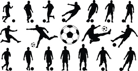 Soccer Football Players Silhouettes Vector Collection in Dynamic Action Poses Dribbling, Kicking, and Shooting the Ball