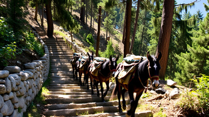 Pack mules descend a sunlit stone stairway through a forest, carrying saddlebags and cargo on a rural mountain trail.