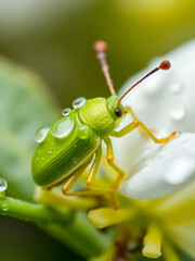 high resolution close-up of a dew-covered green bug on a blossom
