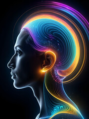 Obraz premium a human ear glowing with colorful light and surrounded by rippling sound waves in a dynamic cosmic space scene