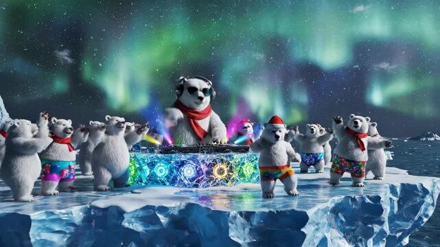 Polar bear dj with headphones plays music for dancing polar bears under the aurora borealis 4k video