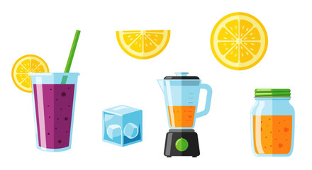 Set of fresh fruit smoothie ingredients, blender, ice cube, and juice
