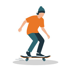 Fototapeta premium Young person wearing a beanie and orange t-shirt enjoys riding a skateboard on a white background