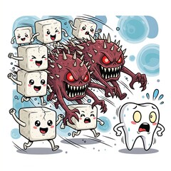 Obraz premium animated sugar cubes turning into vicious, spiked bacteria monsters right before they attack a surprised, vulnerable tooth, d
