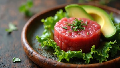 Raw tuna tartare served with fresh avocado slices and green lettuce leaves on a rustic plate. Delicious seafood appetizer prepared for a gourmet meal. This dish is a healthy and colorful starter.