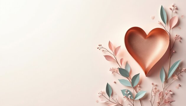 Metallic rose gold heart sits on soft peach background. Delicate branches with pastel pink, green leaves, small buds surround shape. Tender, elegant design creates romantic backdrop for love themed