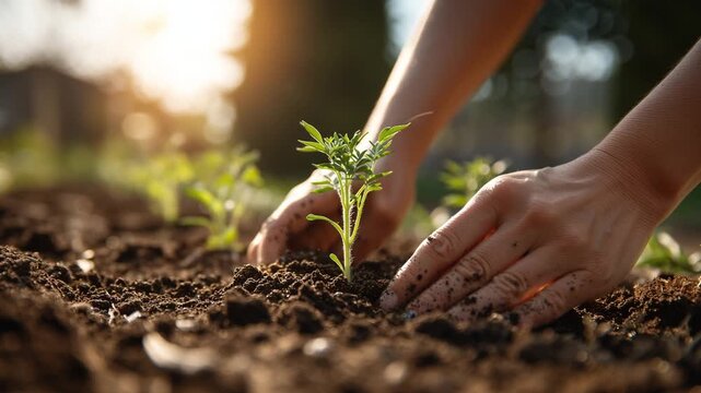 Hands gently planting young tomato seedlings in a garden during sunset in a warm season